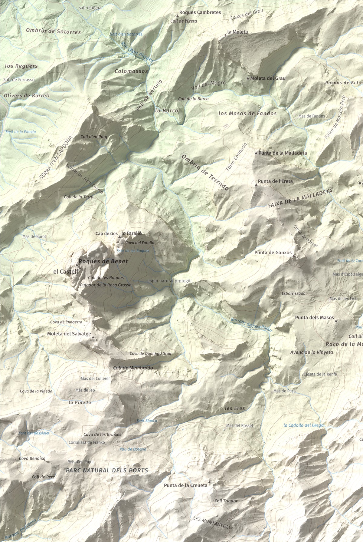 Mapa de relieve de L'Espina, 1181 m, Baix Ebre · Terra Alta, lámina 100 Cims de Trobart. Detalle de la zona superior izquierda. 61 × 91 cm.