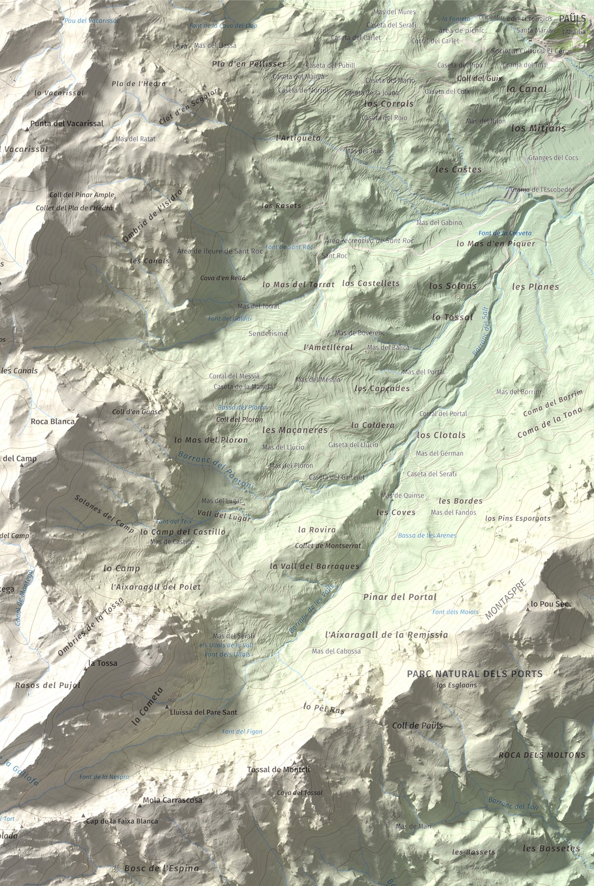 Mapa de relieve de L'Espina, 1181 m, Baix Ebre · Terra Alta, lámina 100 Cims de Trobart. Detalle de la zona superior derecha. 61 × 91 cm.