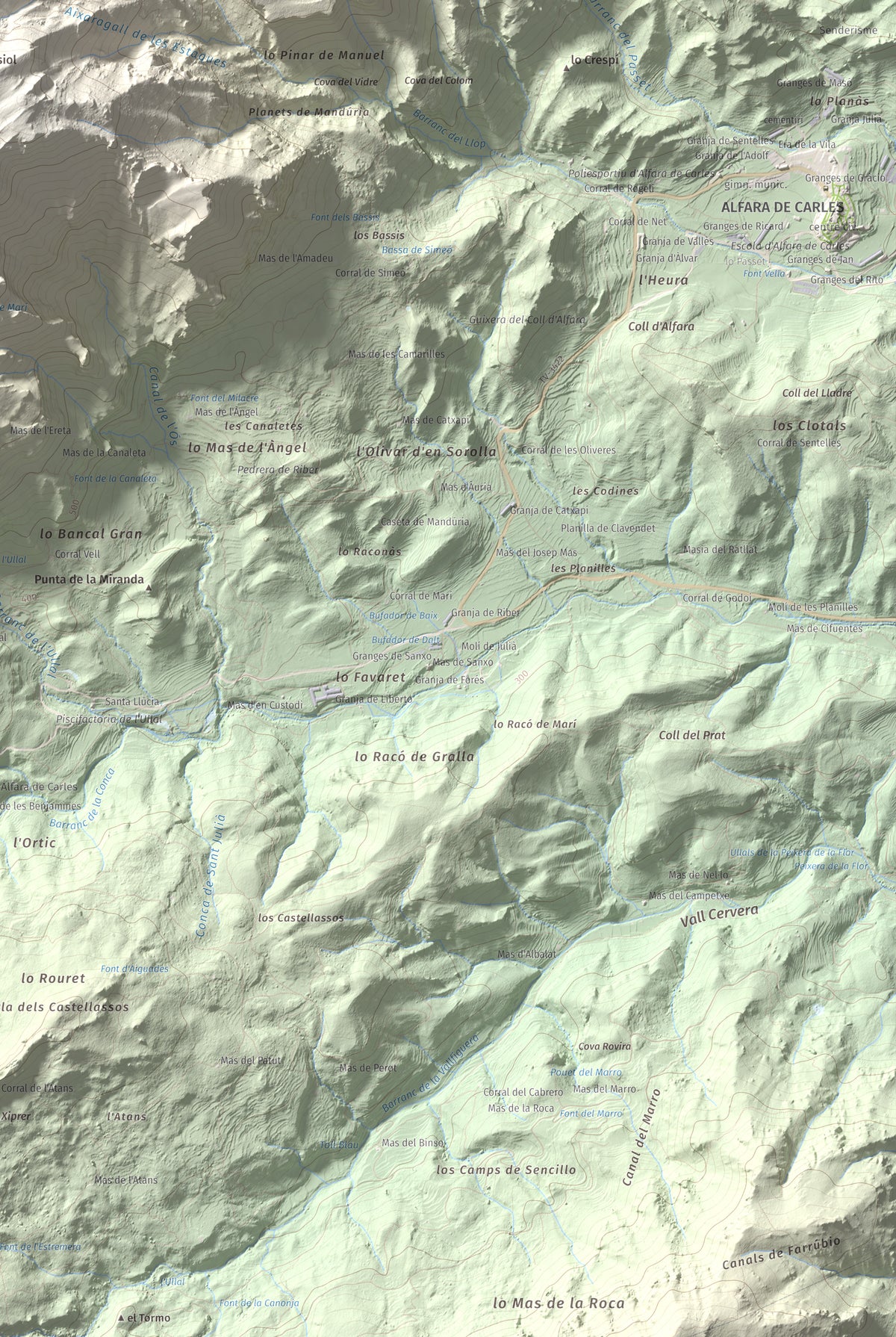 Mapa de relieve de L'Espina, 1181 m, Baix Ebre · Terra Alta, lámina 100 Cims de Trobart. Detalle de la zona inferior derecha. 61 × 91 cm.
