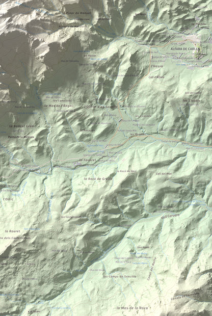 Mapa de relieve de L'Espina, 1181 m, Baix Ebre · Terra Alta, lámina 100 Cims de Trobart. Detalle de la zona inferior derecha. 61 × 91 cm.