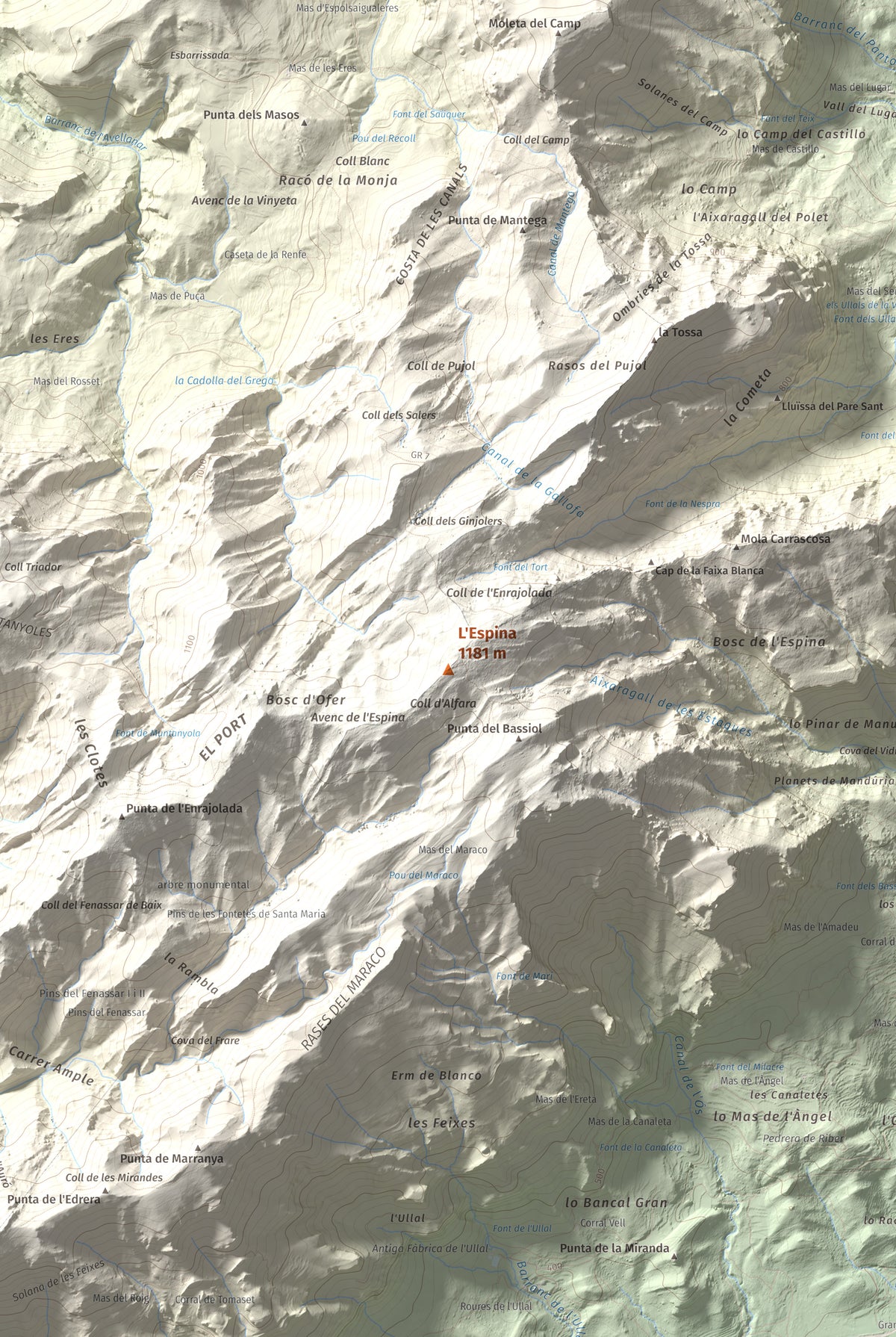 Mapa de relieve de L'Espina, 1181 m, Baix Ebre · Terra Alta, lámina 100 Cims de Trobart. Detalle de la zona central. 61 × 91 cm.