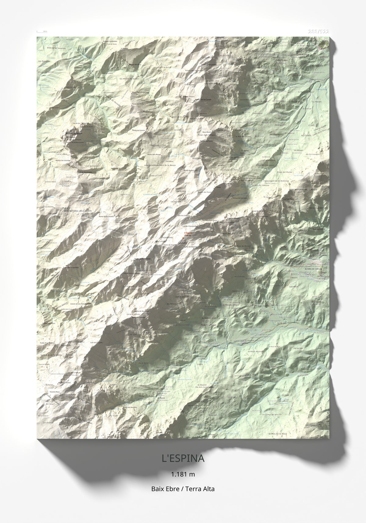 Mapa de relieve de L'Espina, 1181 m, Baix Ebre · Terra Alta, lámina 100 Cims de Trobart 70 × 100 cm.