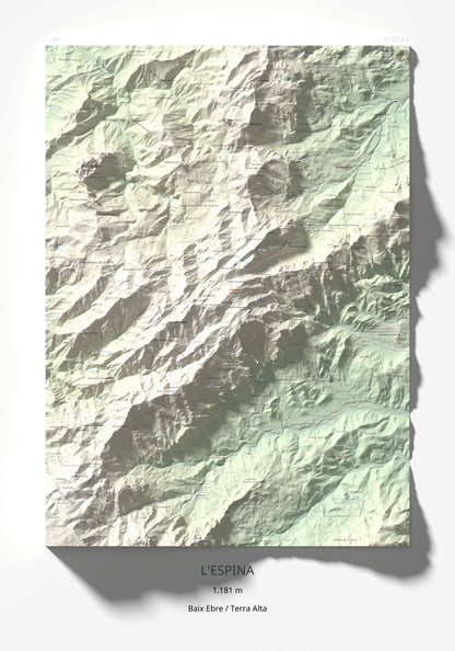 Mapa de relieve de L'Espina, 1181 m, Baix Ebre · Terra Alta, lámina 100 Cims de Trobart 70 × 100 cm.