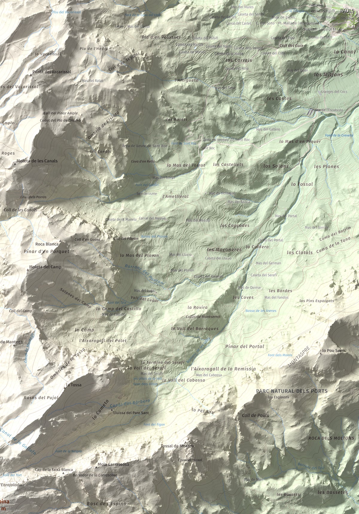Mapa de relieve de L'Espina, 1181 m, Baix Ebre · Terra Alta, lámina 100 Cims de Trobart. Detalle de la zona superior derecha. 70 × 100 cm.