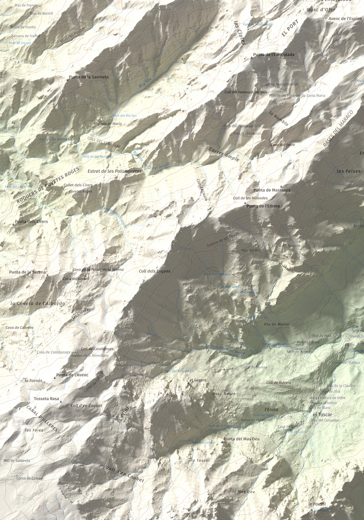 Mapa de relieve de L'Espina, 1181 m, Baix Ebre · Terra Alta, lámina 100 Cims de Trobart. Detalle de la zona inferior izquierda. 70 × 100 cm.