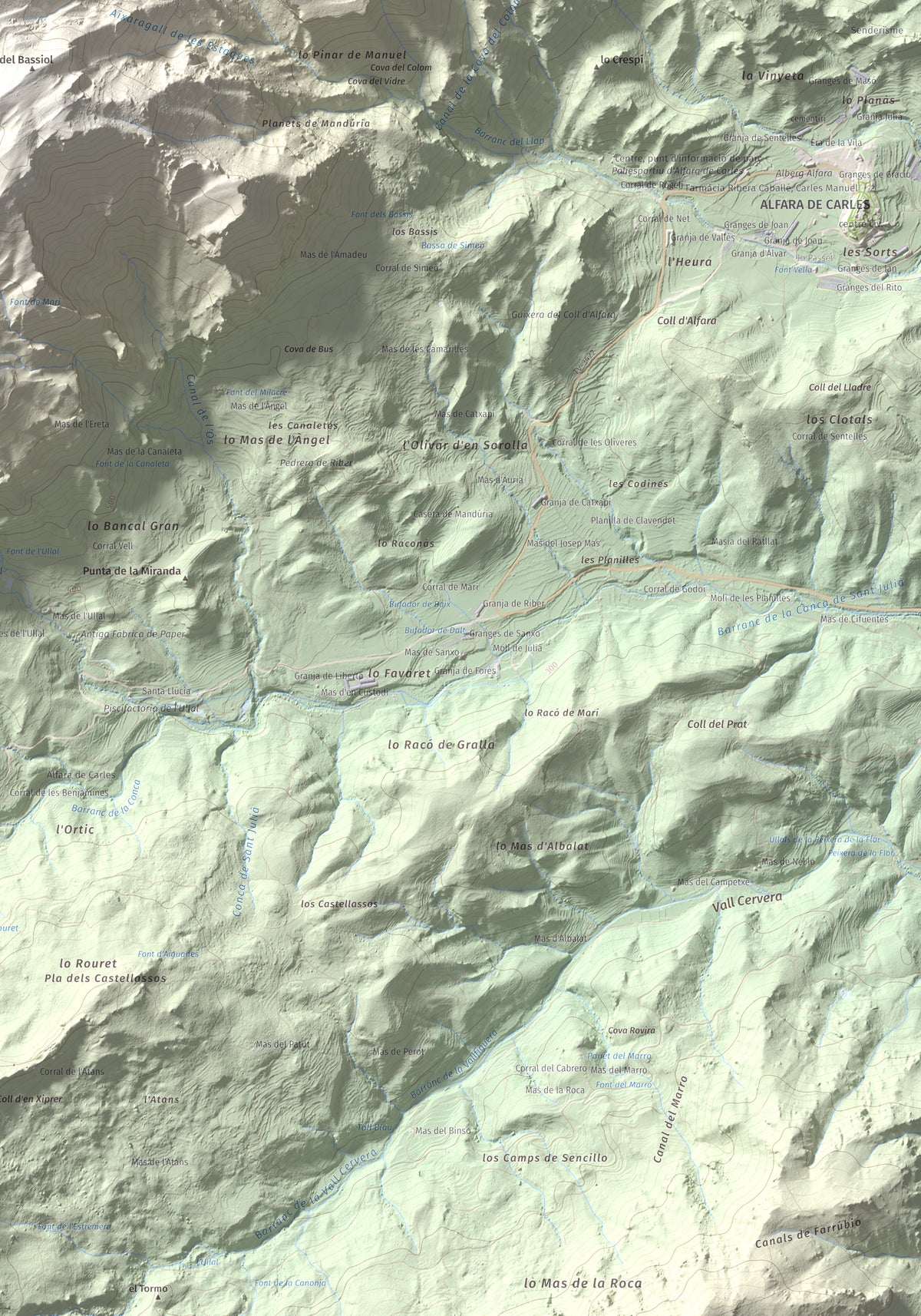 Mapa de relieve de L'Espina, 1181 m, Baix Ebre · Terra Alta, lámina 100 Cims de Trobart. Detalle de la zona inferior derecha. 70 × 100 cm.