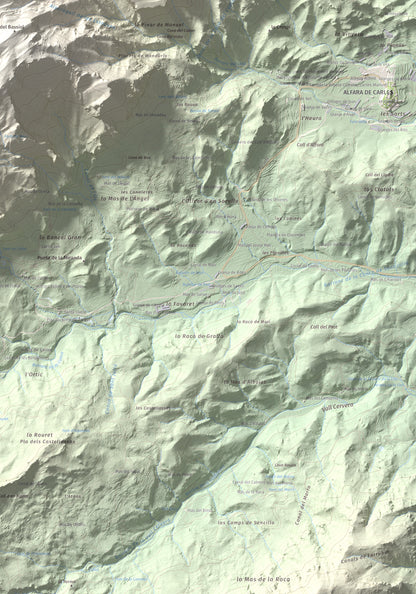 Mapa de relieve de L'Espina, 1181 m, Baix Ebre · Terra Alta, lámina 100 Cims de Trobart. Detalle de la zona inferior derecha. 70 × 100 cm.