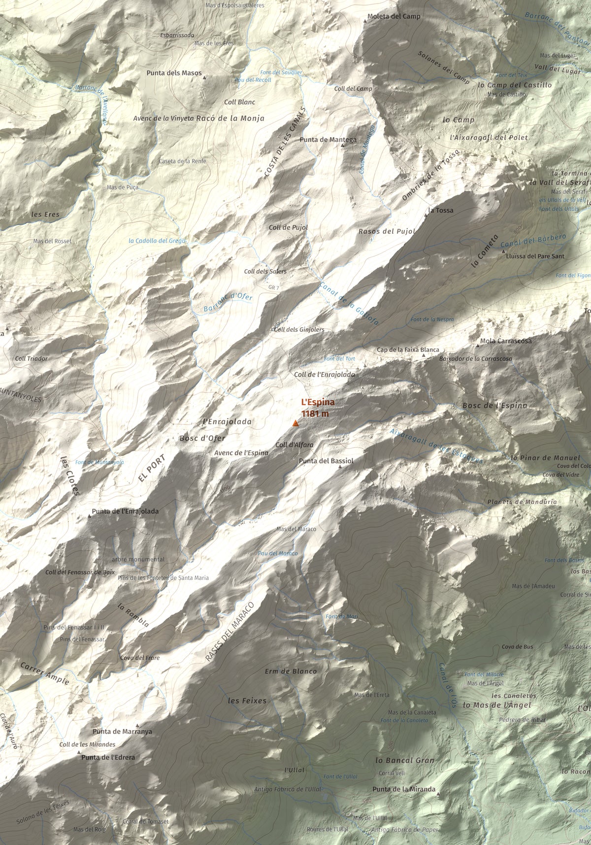 Mapa de relieve de L'Espina, 1181 m, Baix Ebre · Terra Alta, lámina 100 Cims de Trobart. Detalle de la zona central. 70 × 100 cm.