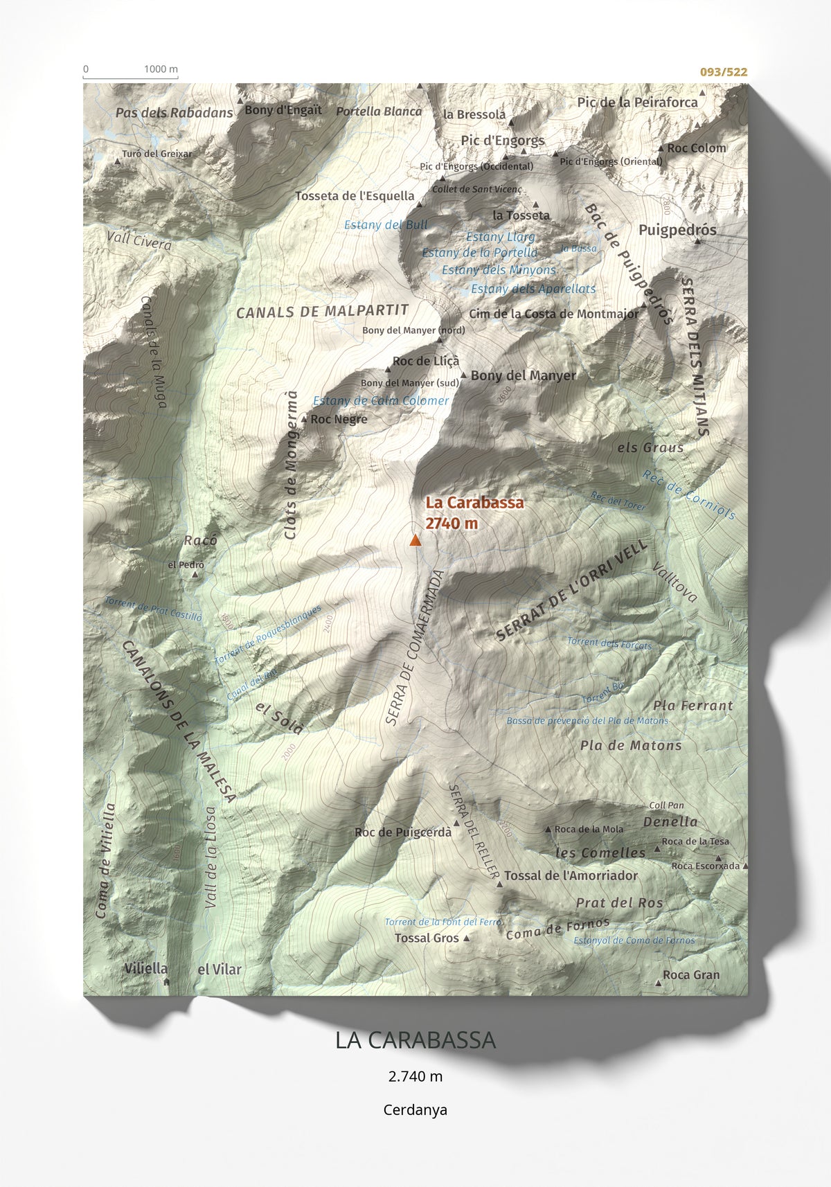 Mapa de relieve de La Carabassa, 2740 m, Cerdanya, lámina 100 Cims de Trobart 21 × 30 cm.