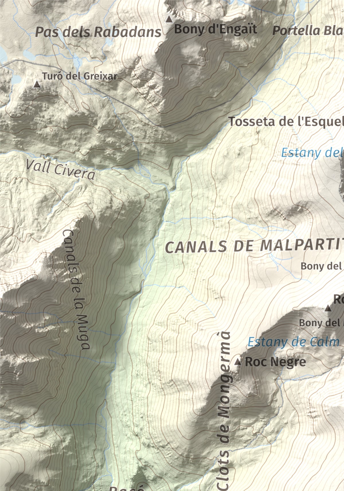 Mapa de relieve de La Carabassa, 2740 m, Cerdanya, lámina 100 Cims de Trobart. Detalle de la zona superior izquierda. 21 × 30 cm.