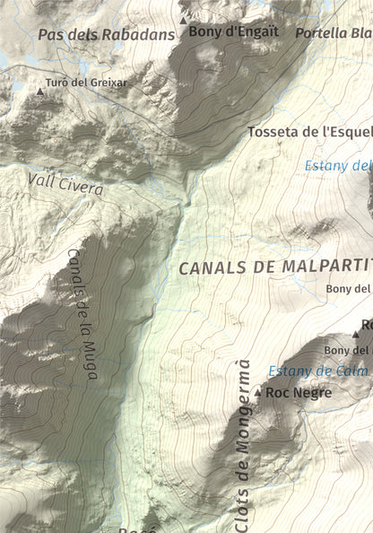 Mapa de relieve de La Carabassa, 2740 m, Cerdanya, lámina 100 Cims de Trobart. Detalle de la zona superior izquierda. 21 × 30 cm.