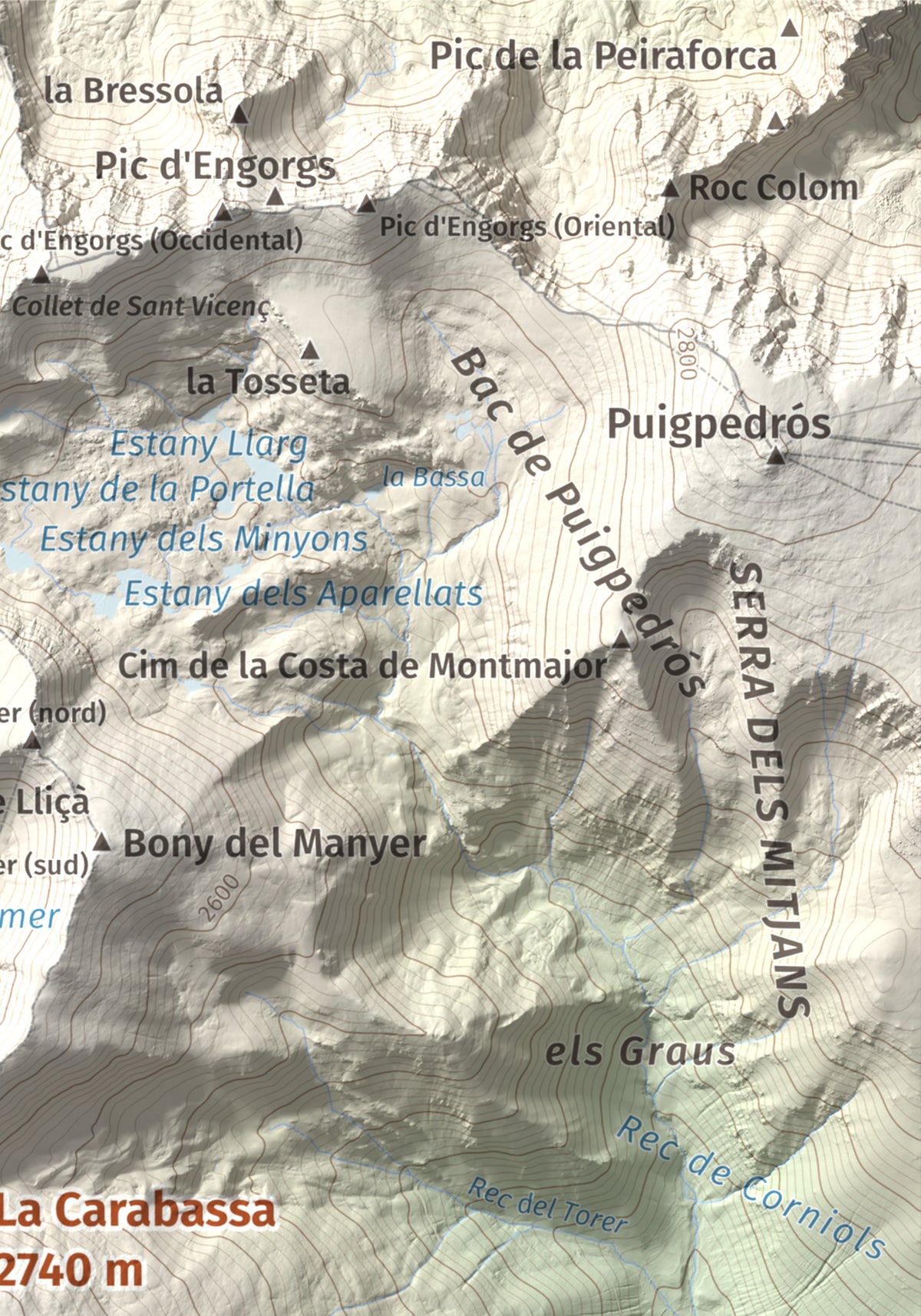 Mapa de relieve de La Carabassa, 2740 m, Cerdanya, lámina 100 Cims de Trobart. Detalle de la zona superior derecha. 21 × 30 cm.
