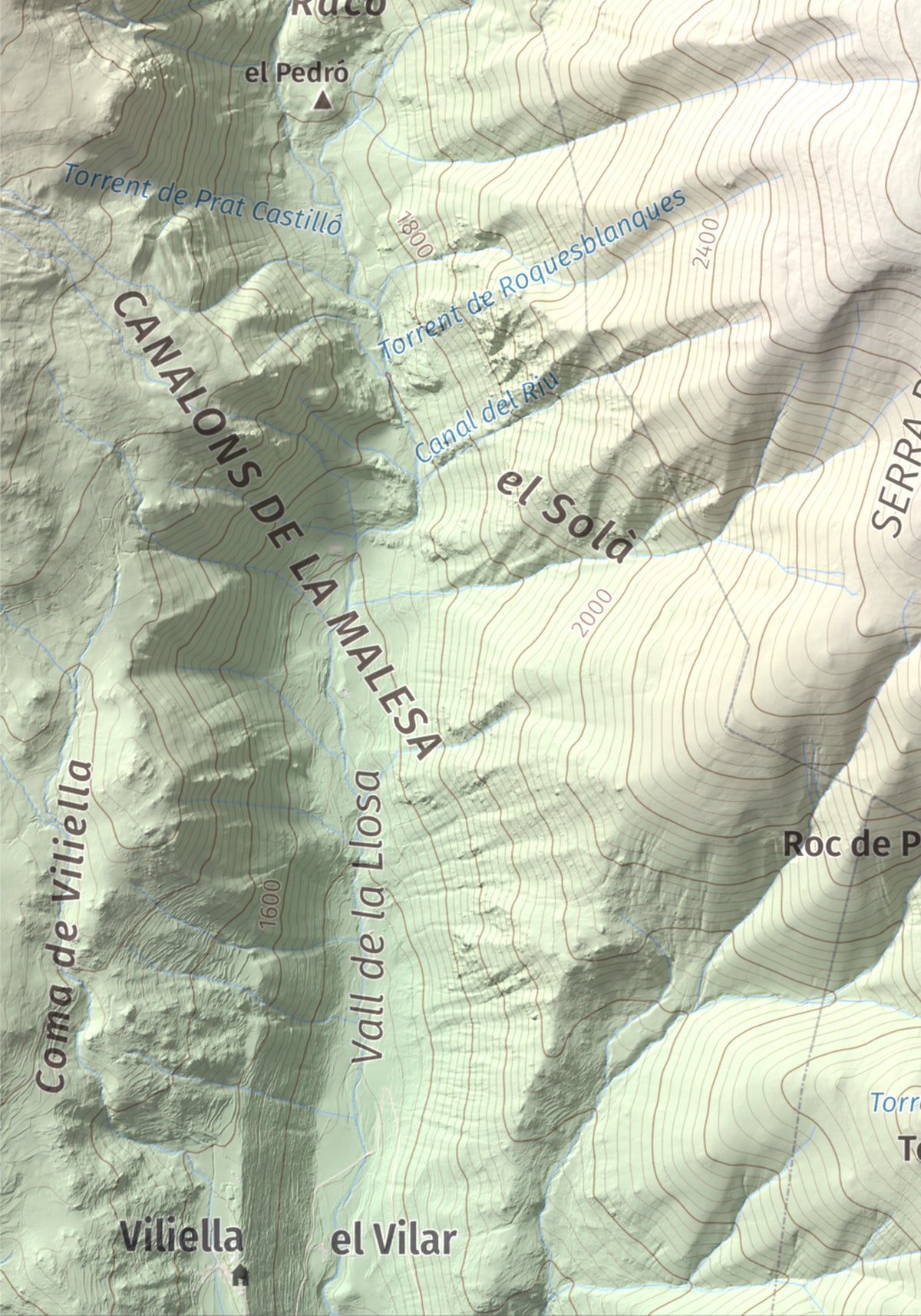Mapa de relieve de La Carabassa, 2740 m, Cerdanya, lámina 100 Cims de Trobart. Detalle de la zona inferior izquierda. 21 × 30 cm.