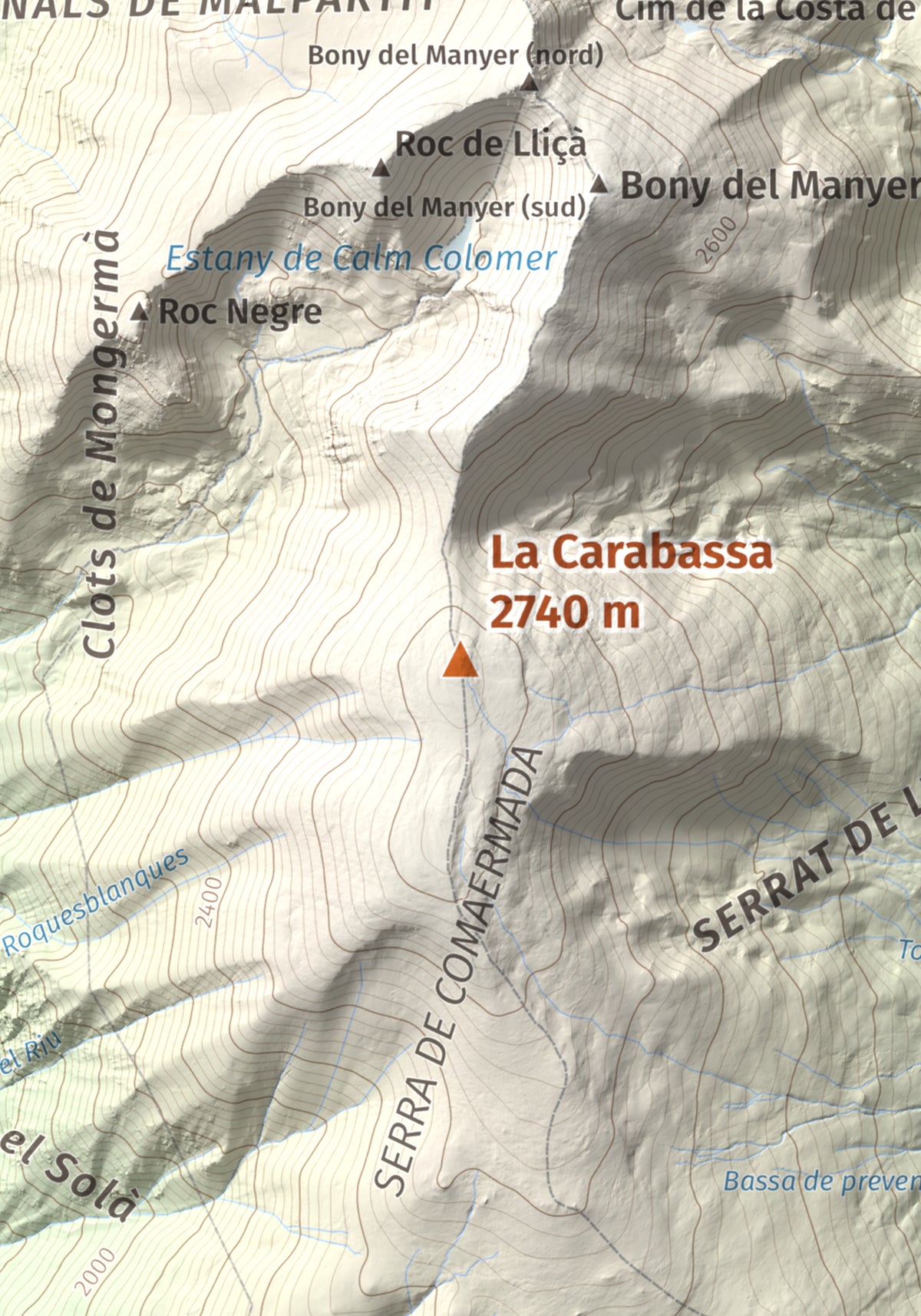 Mapa de relieve de La Carabassa, 2740 m, Cerdanya, lámina 100 Cims de Trobart. Detalle de la zona central. 21 × 30 cm.