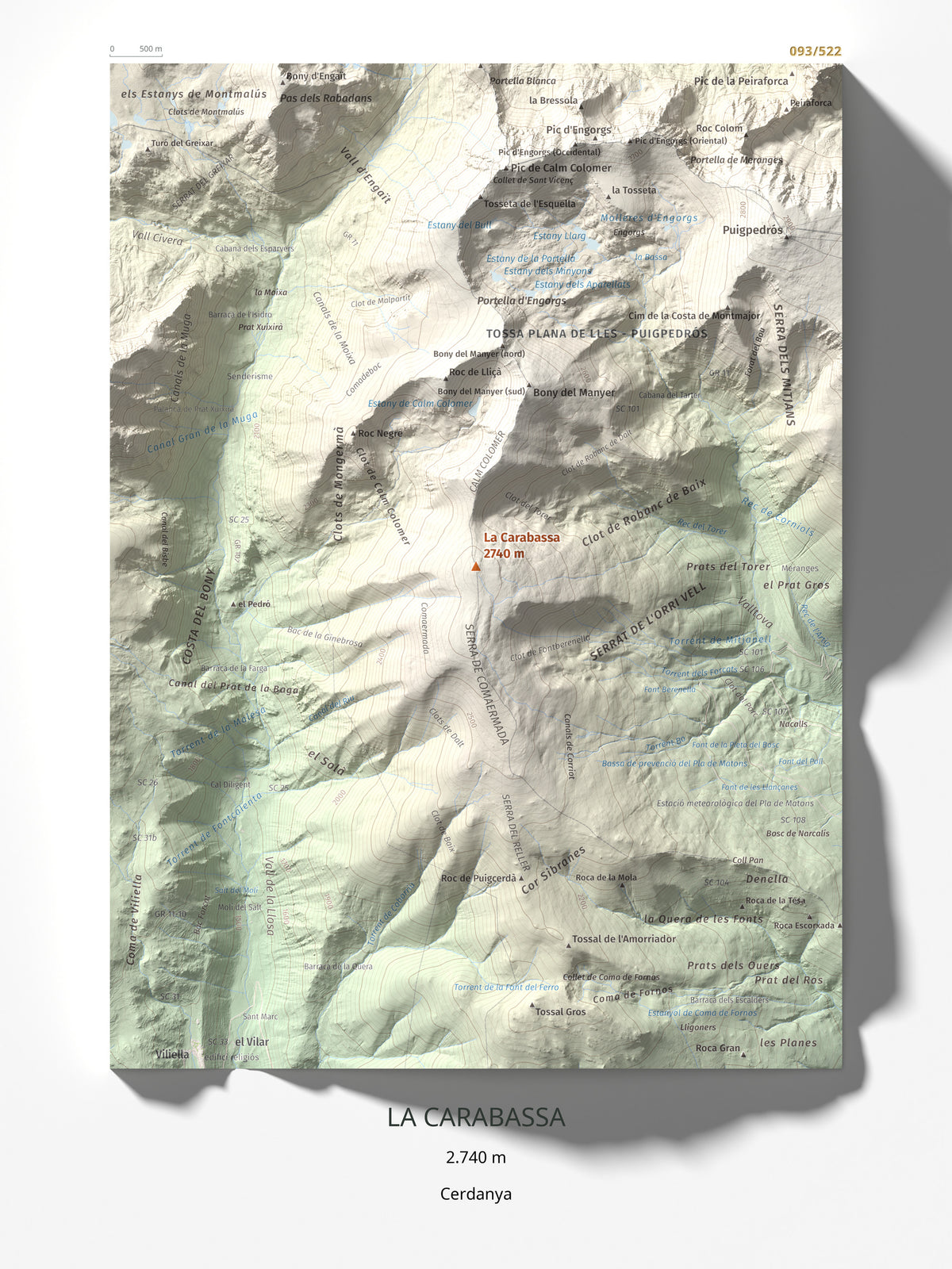 Mapa de relieve de La Carabassa, 2740 m, Cerdanya, lámina 100 Cims de Trobart 30 × 40 cm.