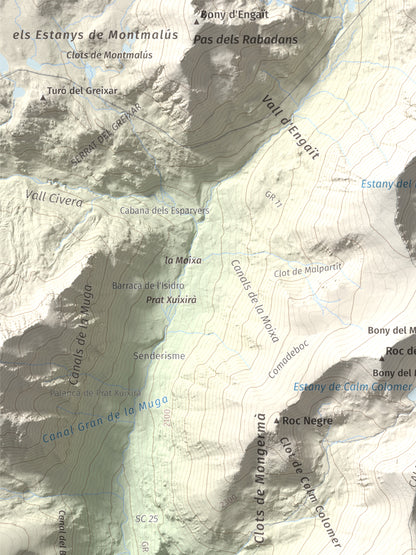 Mapa de relieve de La Carabassa, 2740 m, Cerdanya, lámina 100 Cims de Trobart. Detalle de la zona superior izquierda. 30 × 40 cm.
