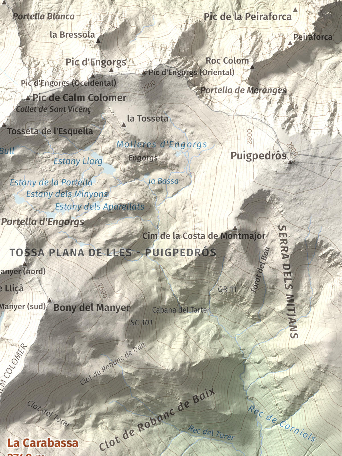 Mapa de relieve de La Carabassa, 2740 m, Cerdanya, lámina 100 Cims de Trobart. Detalle de la zona superior derecha. 30 × 40 cm.
