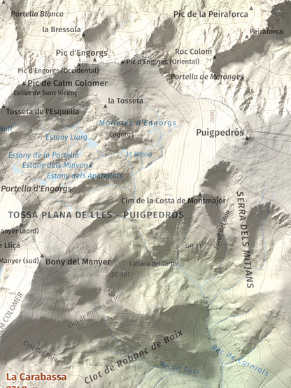 Mapa de relieve de La Carabassa, 2740 m, Cerdanya, lámina 100 Cims de Trobart. Detalle de la zona superior derecha. 30 × 40 cm.