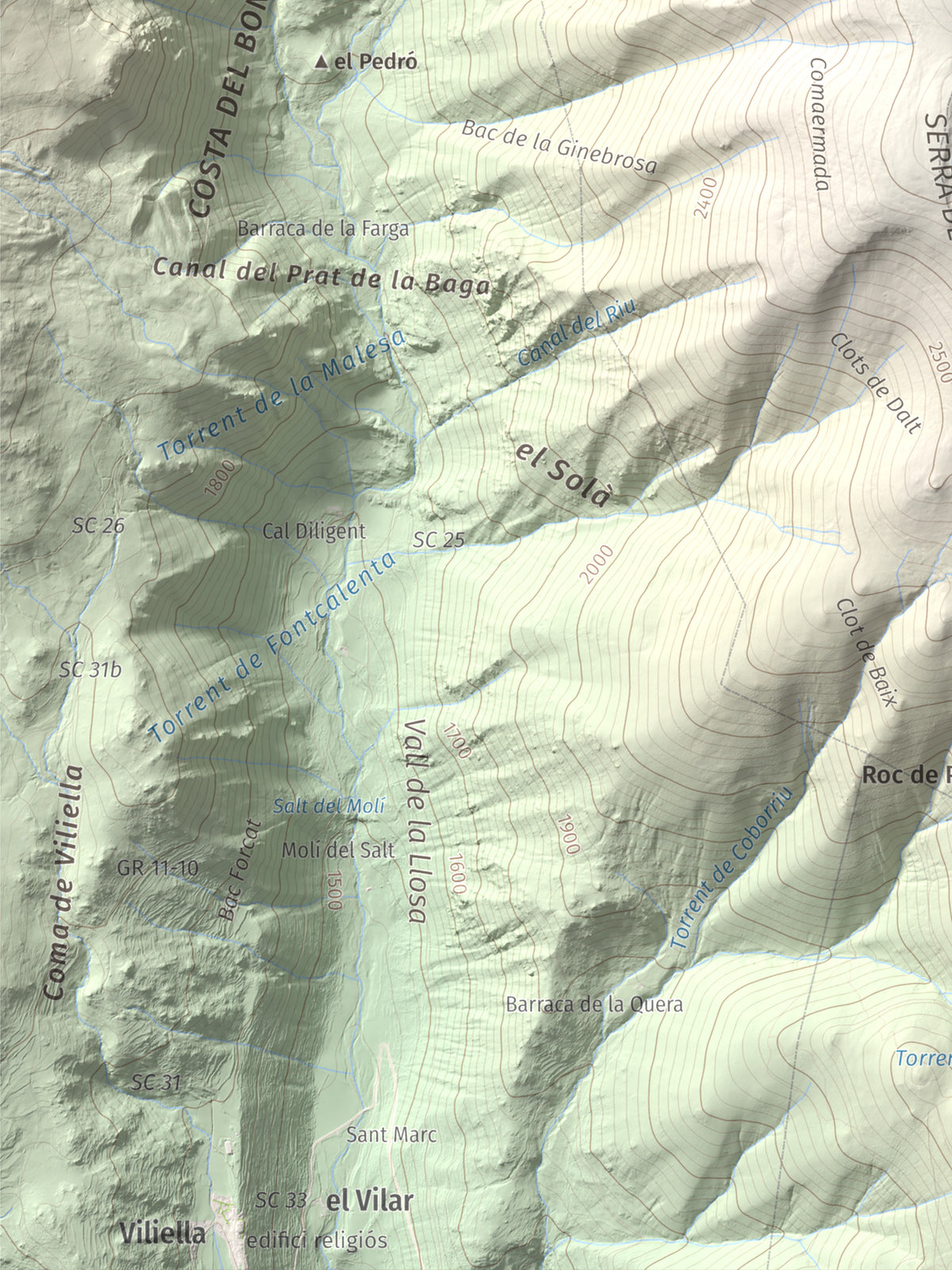Mapa de relieve de La Carabassa, 2740 m, Cerdanya, lámina 100 Cims de Trobart. Detalle de la zona inferior izquierda. 30 × 40 cm.