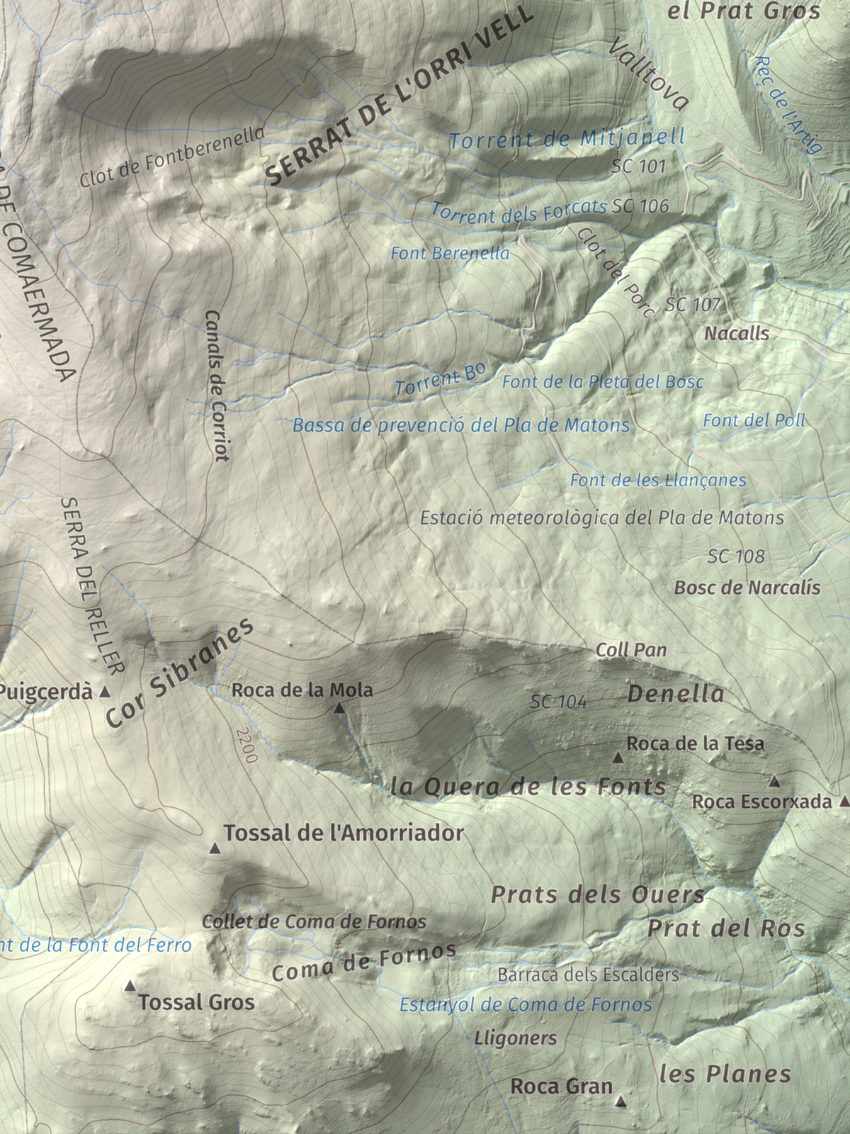 Mapa de relieve de La Carabassa, 2740 m, Cerdanya, lámina 100 Cims de Trobart. Detalle de la zona inferior derecha. 30 × 40 cm.
