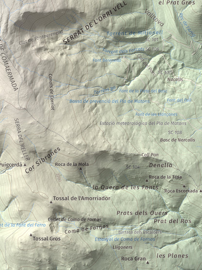 Mapa de relieve de La Carabassa, 2740 m, Cerdanya, lámina 100 Cims de Trobart. Detalle de la zona inferior derecha. 30 × 40 cm.