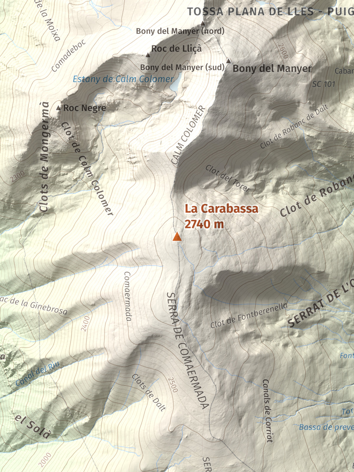 Mapa de relieve de La Carabassa, 2740 m, Cerdanya, lámina 100 Cims de Trobart. Detalle de la zona central. 30 × 40 cm.
