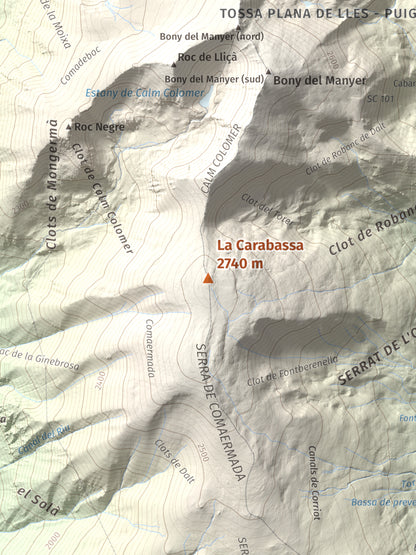 Mapa de relieve de La Carabassa, 2740 m, Cerdanya, lámina 100 Cims de Trobart. Detalle de la zona central. 30 × 40 cm.