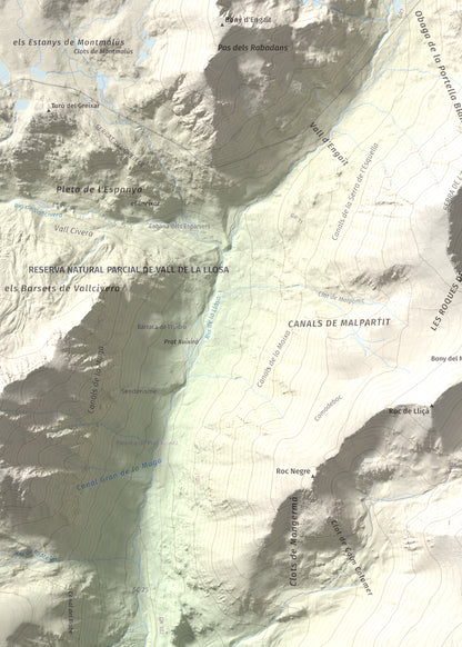 Mapa de relieve de La Carabassa, 2740 m, Cerdanya, lámina 100 Cims de Trobart. Detalle de la zona superior izquierda. 50 × 70 cm.