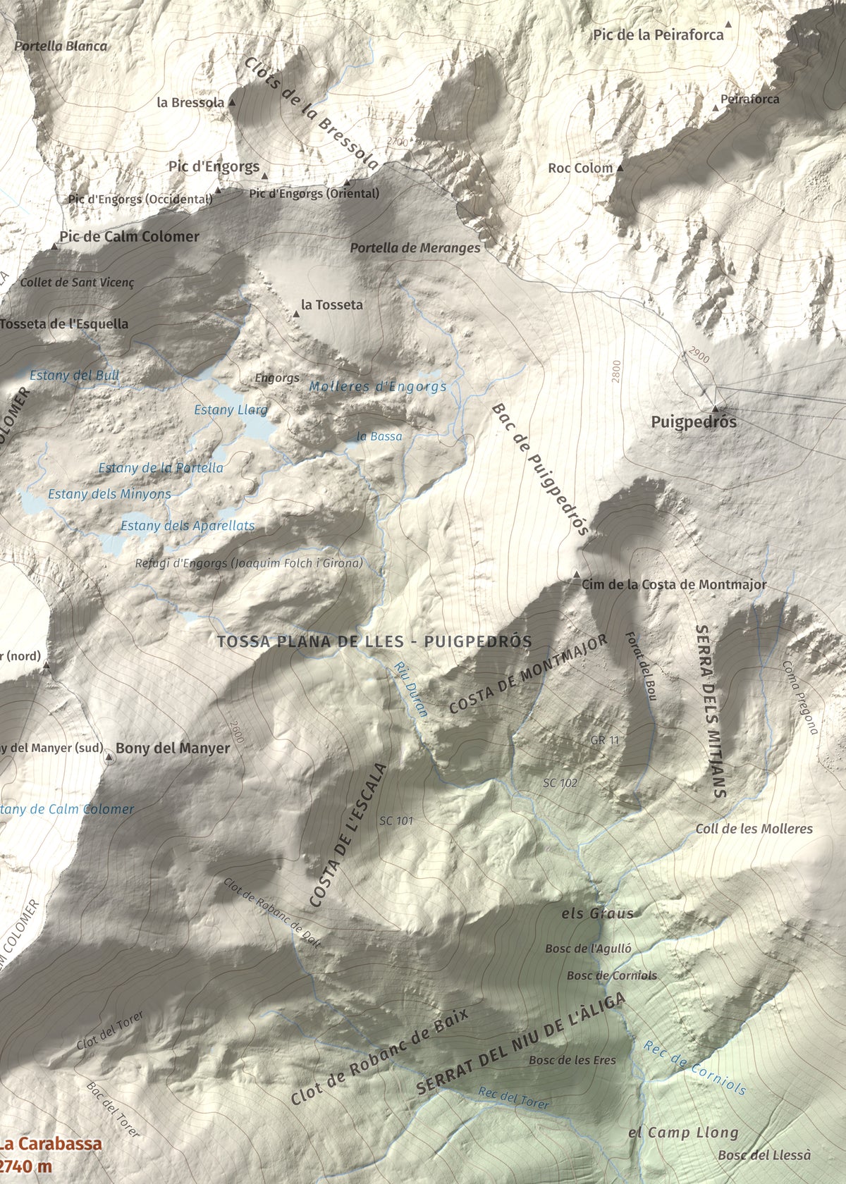 Mapa de relieve de La Carabassa, 2740 m, Cerdanya, lámina 100 Cims de Trobart. Detalle de la zona superior derecha. 50 × 70 cm.