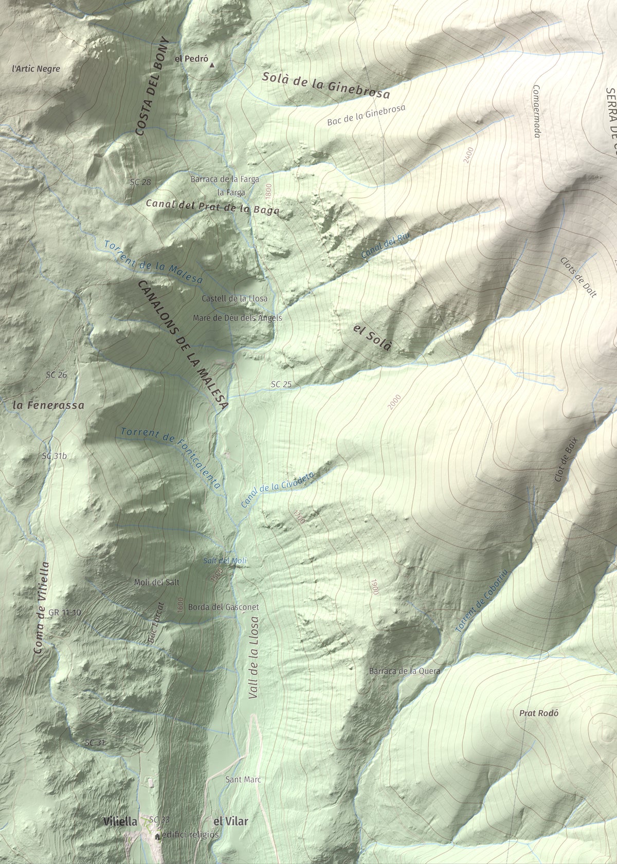 Mapa de relieve de La Carabassa, 2740 m, Cerdanya, lámina 100 Cims de Trobart. Detalle de la zona inferior izquierda. 50 × 70 cm.