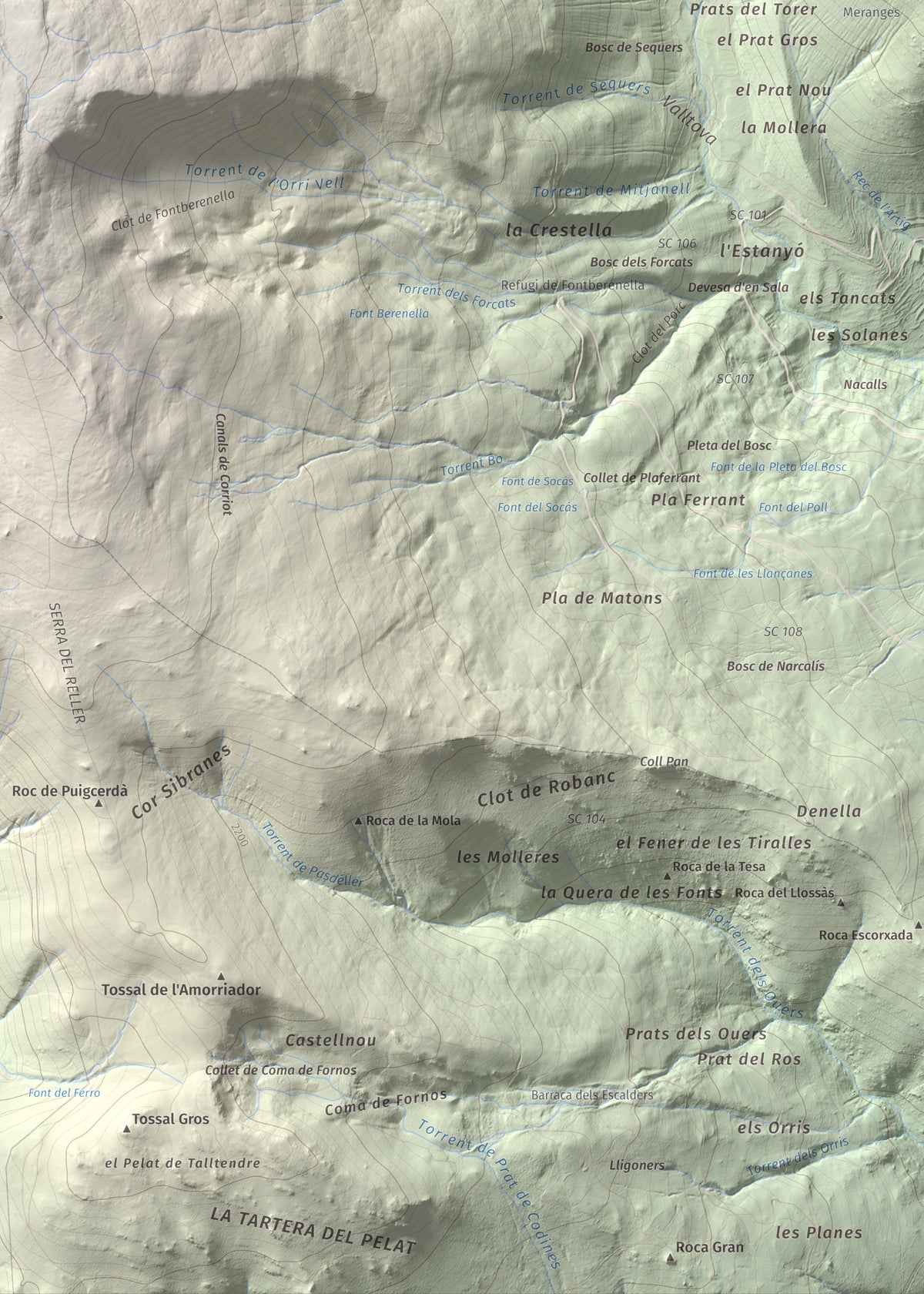 Mapa de relieve de La Carabassa, 2740 m, Cerdanya, lámina 100 Cims de Trobart. Detalle de la zona inferior derecha. 50 × 70 cm.