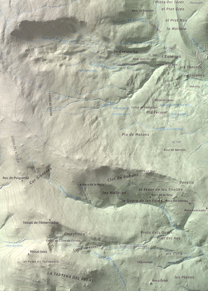 Mapa de relieve de La Carabassa, 2740 m, Cerdanya, lámina 100 Cims de Trobart. Detalle de la zona inferior derecha. 50 × 70 cm.