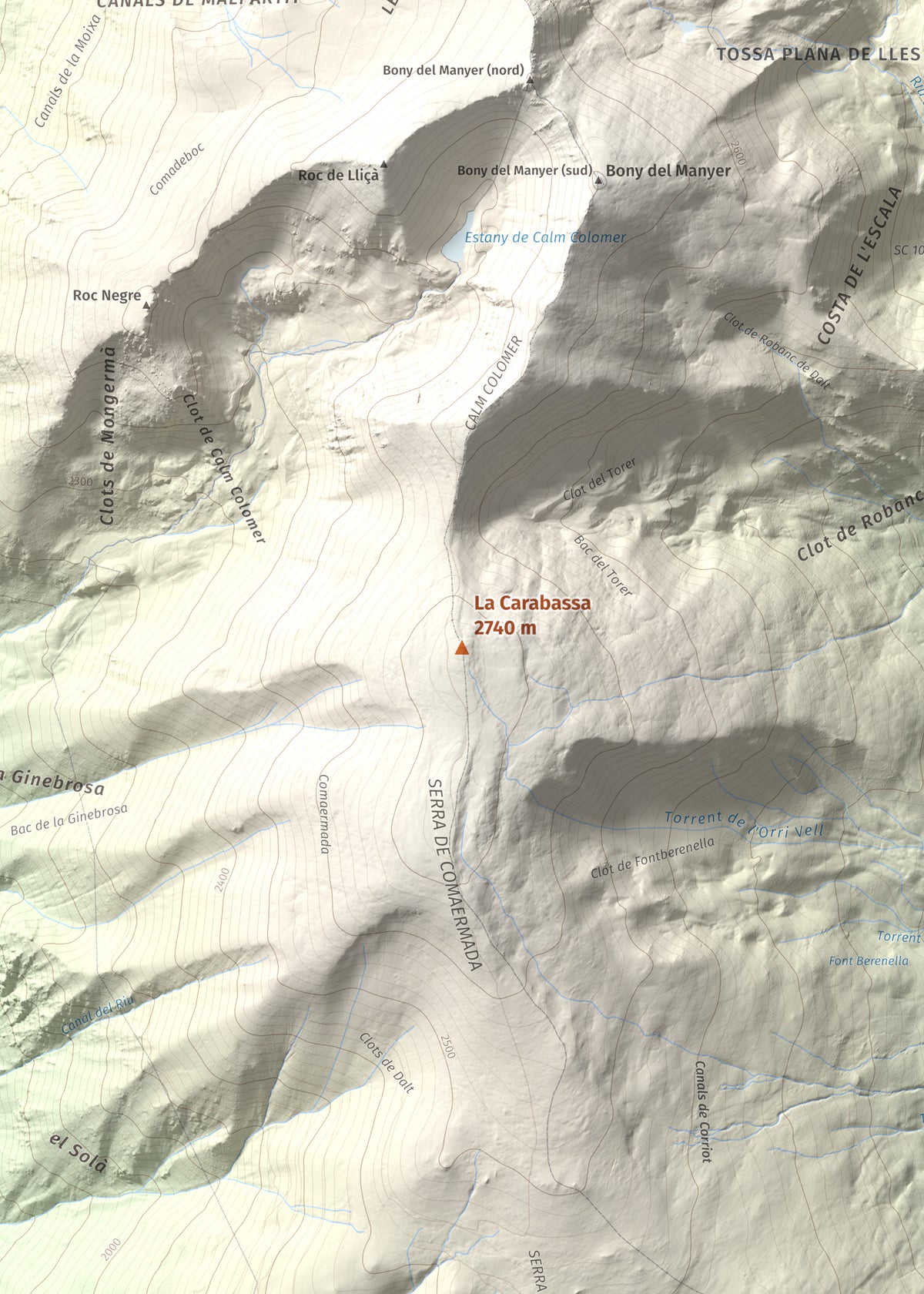 Mapa de relieve de La Carabassa, 2740 m, Cerdanya, lámina 100 Cims de Trobart. Detalle de la zona central. 50 × 70 cm.