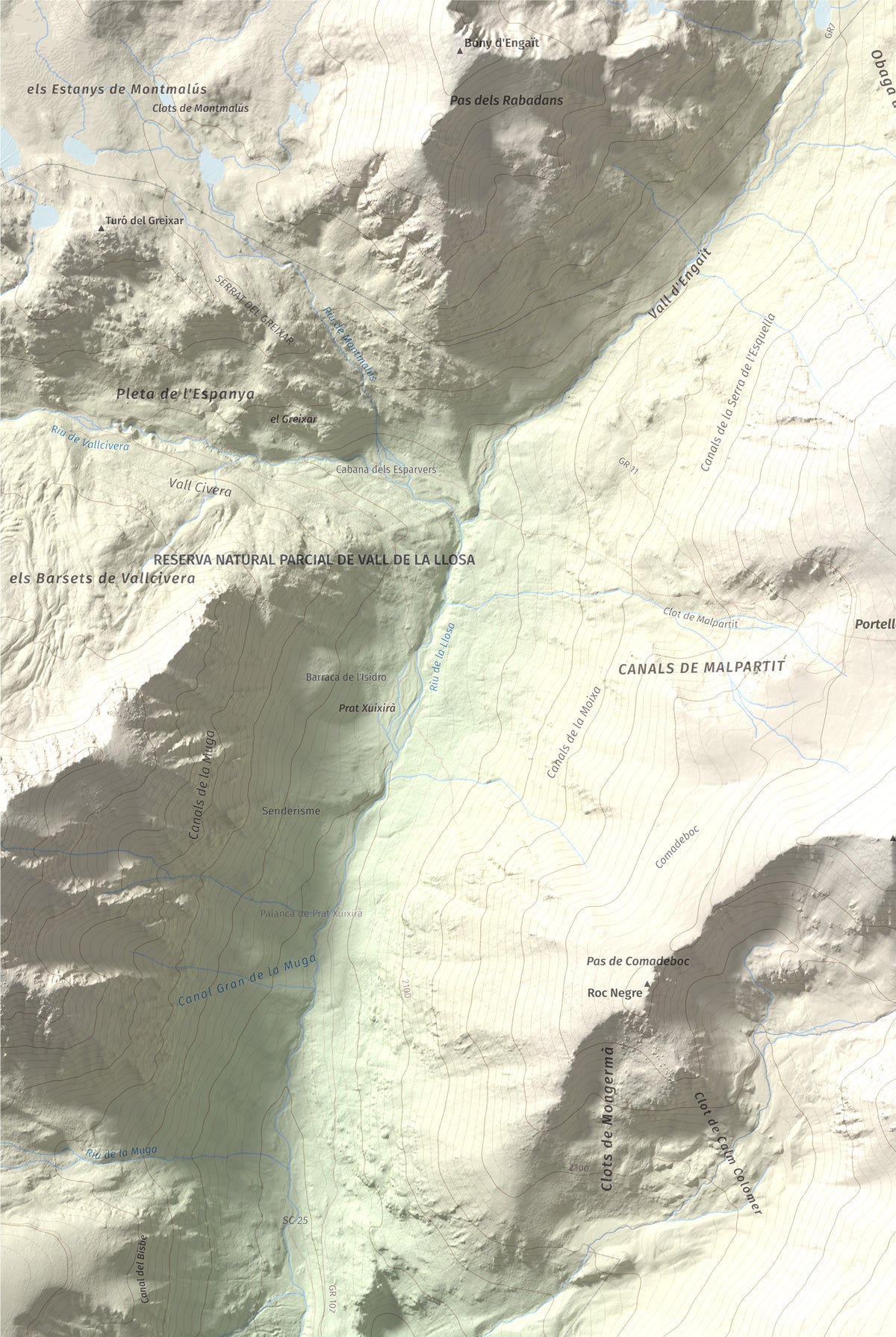 Mapa de relieve de La Carabassa, 2740 m, Cerdanya, lámina 100 Cims de Trobart. Detalle de la zona superior izquierda. 61 × 91 cm.