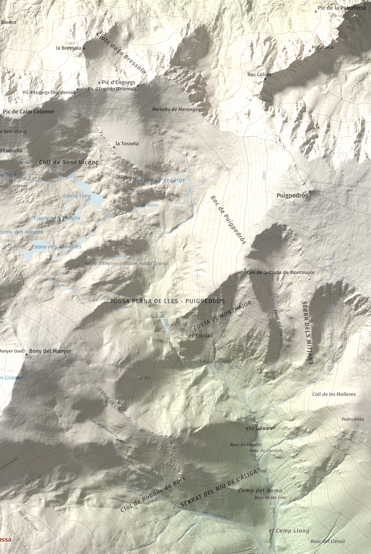 Mapa de relieve de La Carabassa, 2740 m, Cerdanya, lámina 100 Cims de Trobart. Detalle de la zona superior derecha. 61 × 91 cm.