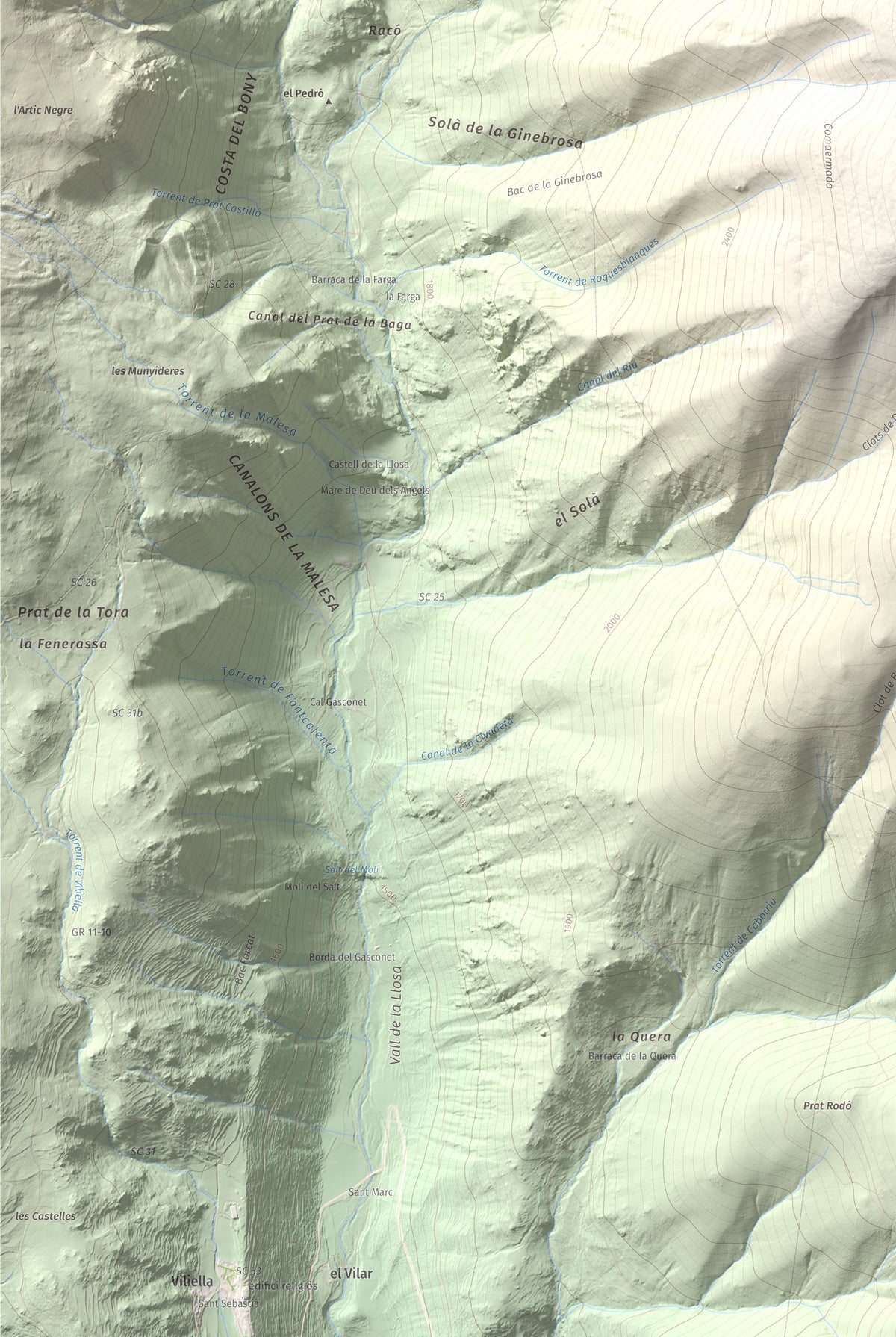 Mapa de relieve de La Carabassa, 2740 m, Cerdanya, lámina 100 Cims de Trobart. Detalle de la zona inferior izquierda. 61 × 91 cm.