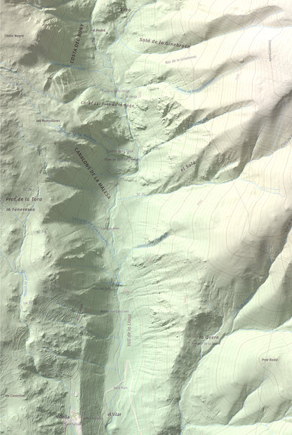 Mapa de relieve de La Carabassa, 2740 m, Cerdanya, lámina 100 Cims de Trobart. Detalle de la zona inferior izquierda. 61 × 91 cm.