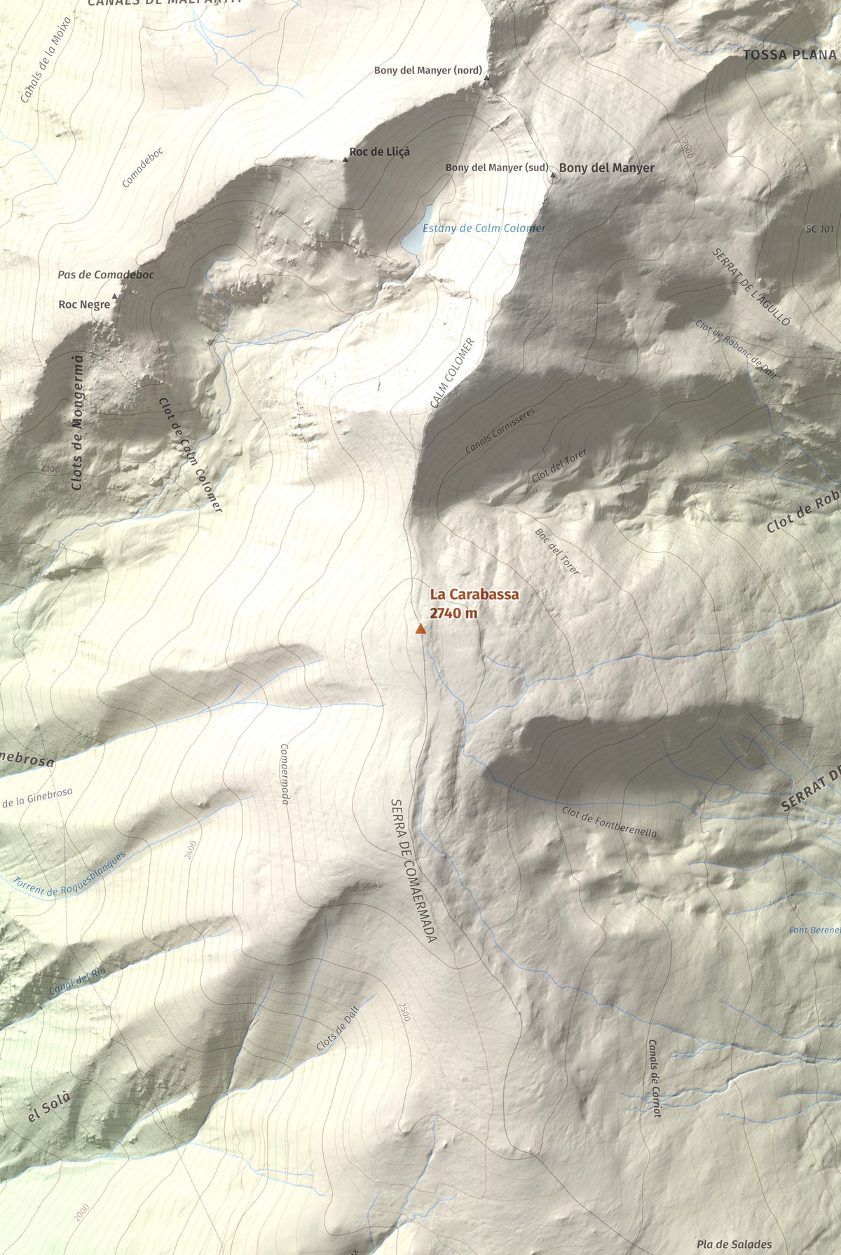 Mapa de relieve de La Carabassa, 2740 m, Cerdanya, lámina 100 Cims de Trobart. Detalle de la zona central. 61 × 91 cm.