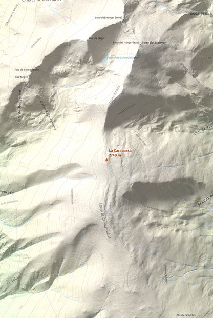 Mapa de relieve de La Carabassa, 2740 m, Cerdanya, lámina 100 Cims de Trobart. Detalle de la zona central. 61 × 91 cm.