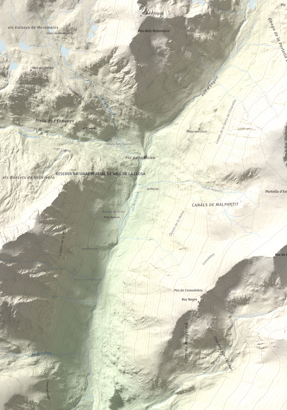 Mapa de relieve de La Carabassa, 2740 m, Cerdanya, lámina 100 Cims de Trobart. Detalle de la zona superior izquierda. 70 × 100 cm.