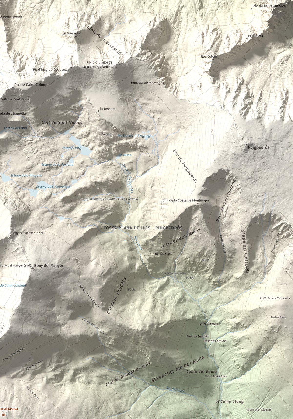Mapa de relieve de La Carabassa, 2740 m, Cerdanya, lámina 100 Cims de Trobart. Detalle de la zona superior derecha. 70 × 100 cm.