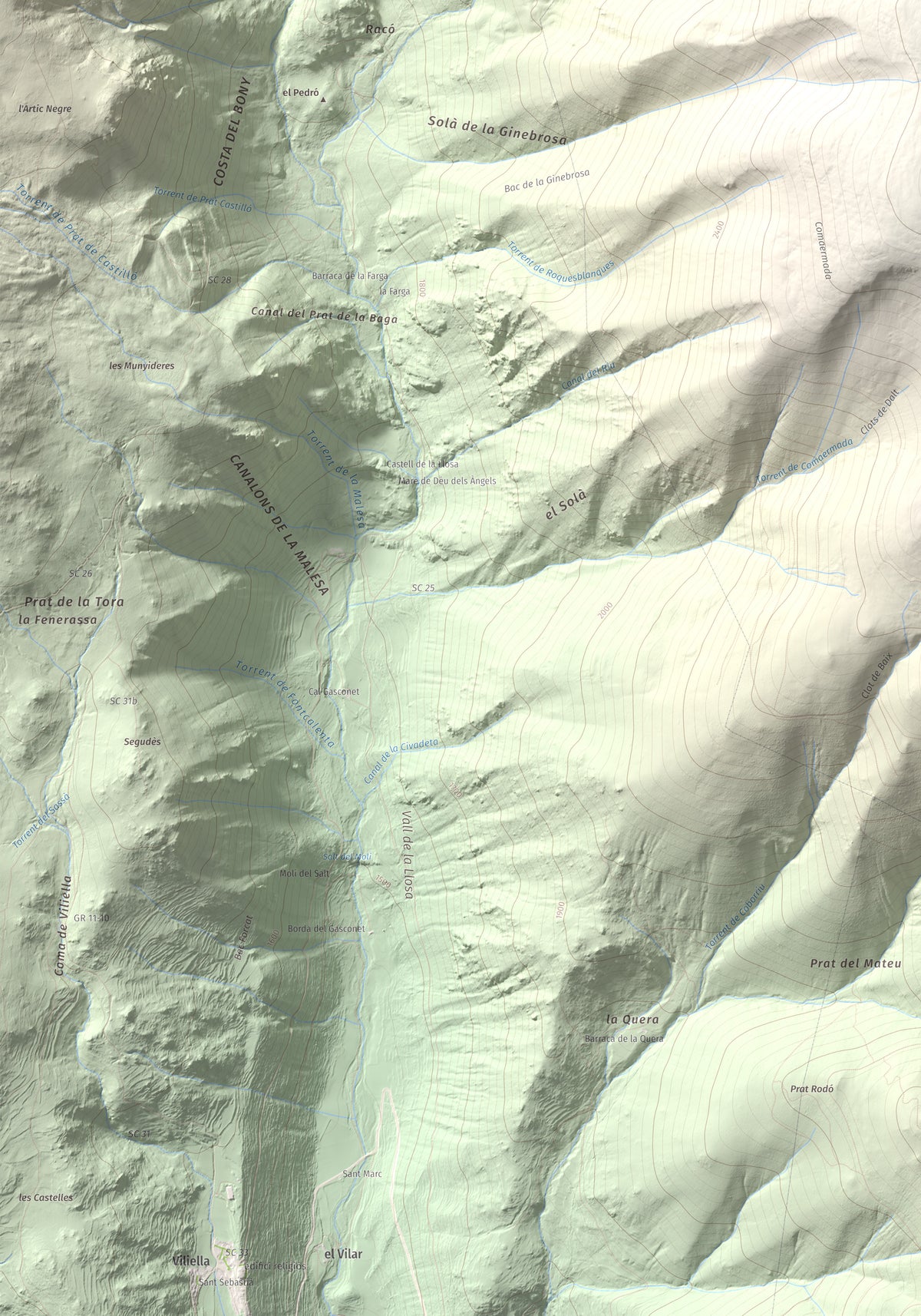 Mapa de relieve de La Carabassa, 2740 m, Cerdanya, lámina 100 Cims de Trobart. Detalle de la zona inferior izquierda. 70 × 100 cm.