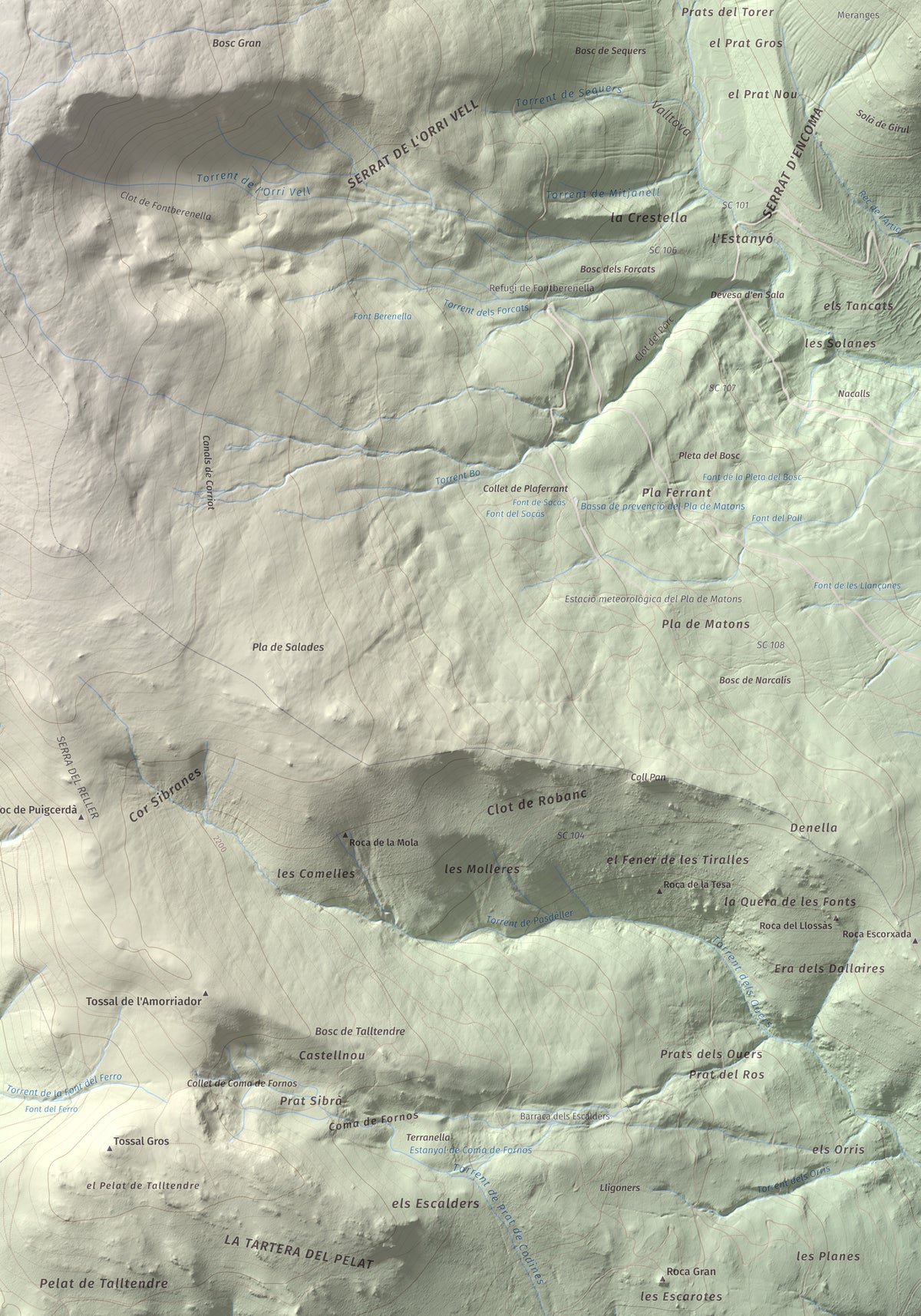 Mapa de relieve de La Carabassa, 2740 m, Cerdanya, lámina 100 Cims de Trobart. Detalle de la zona inferior derecha. 70 × 100 cm.