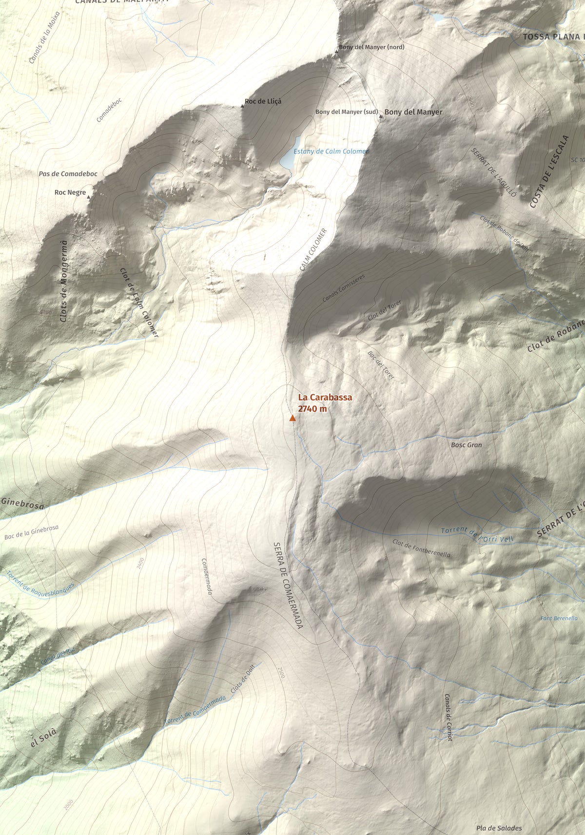 Mapa de relieve de La Carabassa, 2740 m, Cerdanya, lámina 100 Cims de Trobart. Detalle de la zona central. 70 × 100 cm.