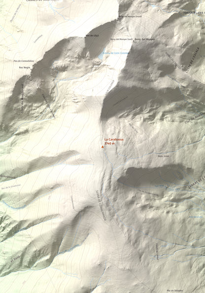 Mapa de relieve de La Carabassa, 2740 m, Cerdanya, lámina 100 Cims de Trobart. Detalle de la zona central. 70 × 100 cm.