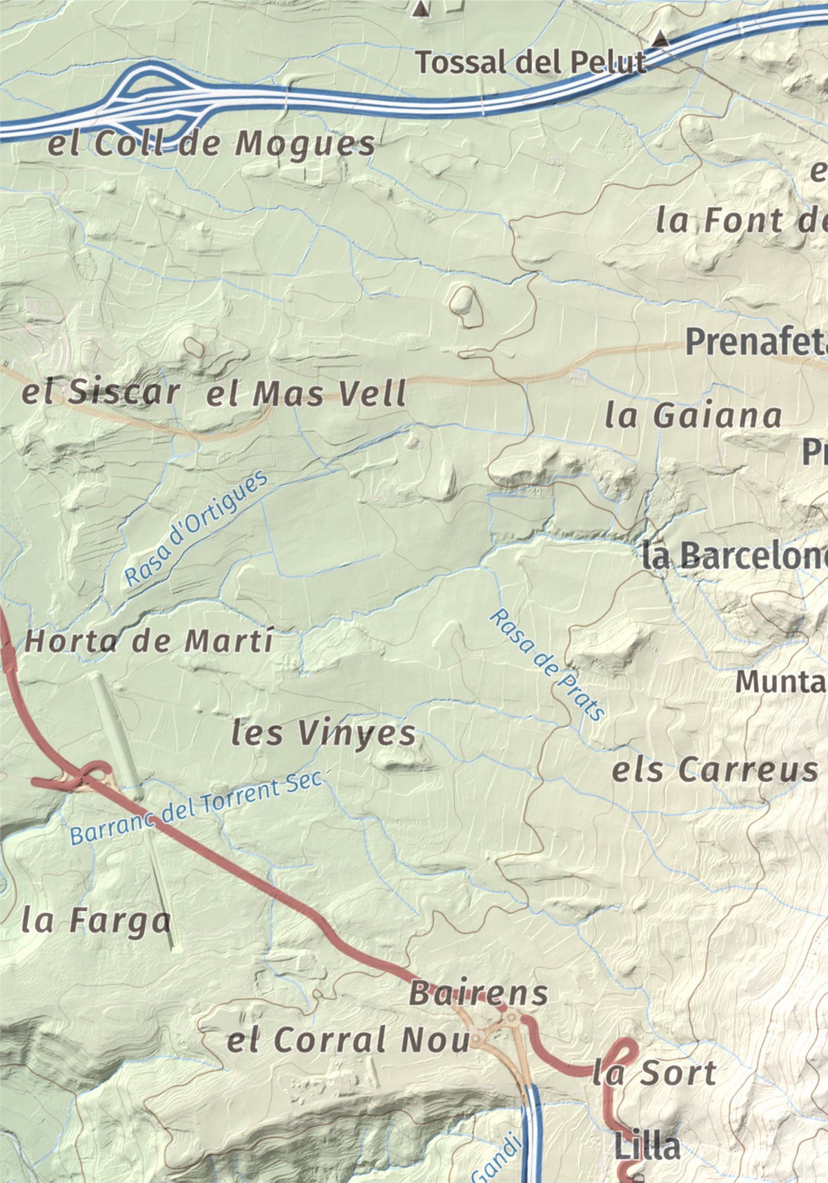 Mapa de relieve de La Cogulla, 786 m, Alt Camp · Conca de Barberà, lámina 100 Cims de Trobart. Detalle de la zona superior izquierda. 21 × 30 cm.