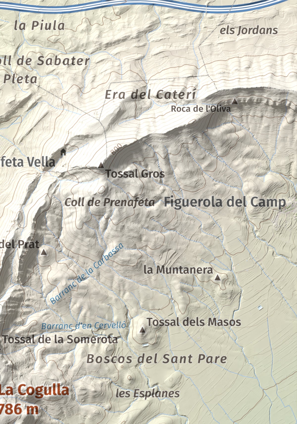 Mapa de relieve de La Cogulla, 786 m, Alt Camp · Conca de Barberà, lámina 100 Cims de Trobart. Detalle de la zona superior derecha. 21 × 30 cm.