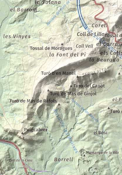 Mapa de relieve de La Cogulla, 786 m, Alt Camp · Conca de Barberà, lámina 100 Cims de Trobart. Detalle de la zona inferior izquierda. 21 × 30 cm.
