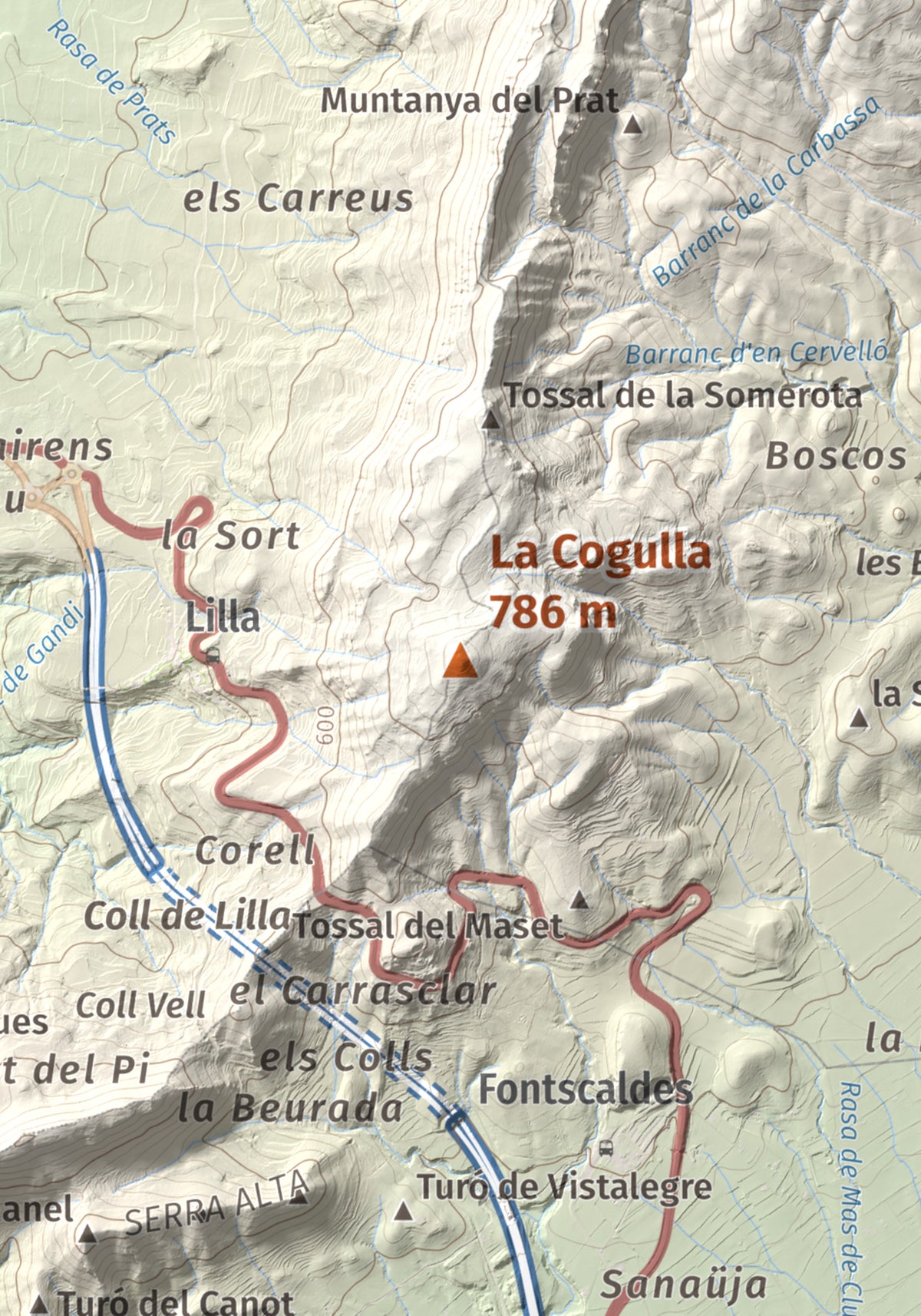 Mapa de relieve de La Cogulla, 786 m, Alt Camp · Conca de Barberà, lámina 100 Cims de Trobart. Detalle de la zona central. 21 × 30 cm.