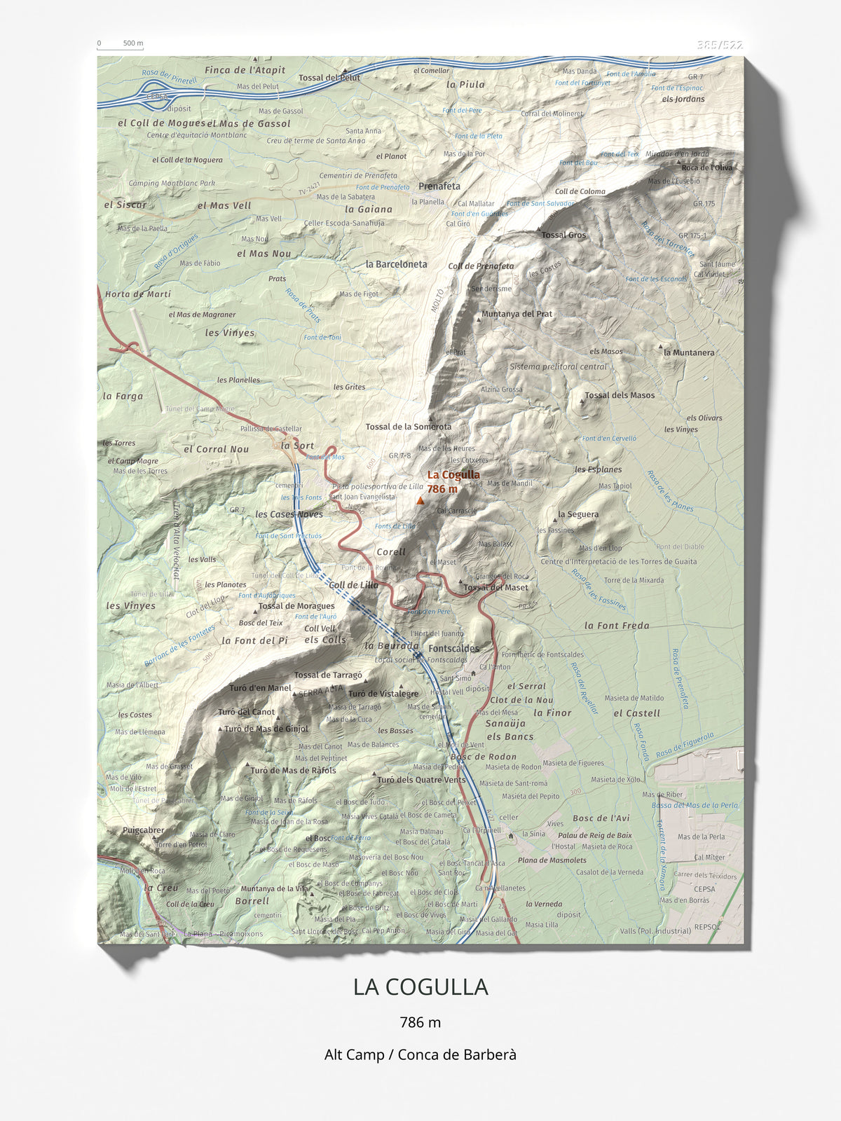 Mapa de relieve de La Cogulla, 786 m, Alt Camp · Conca de Barberà, lámina 100 Cims de Trobart 30 × 40 cm.